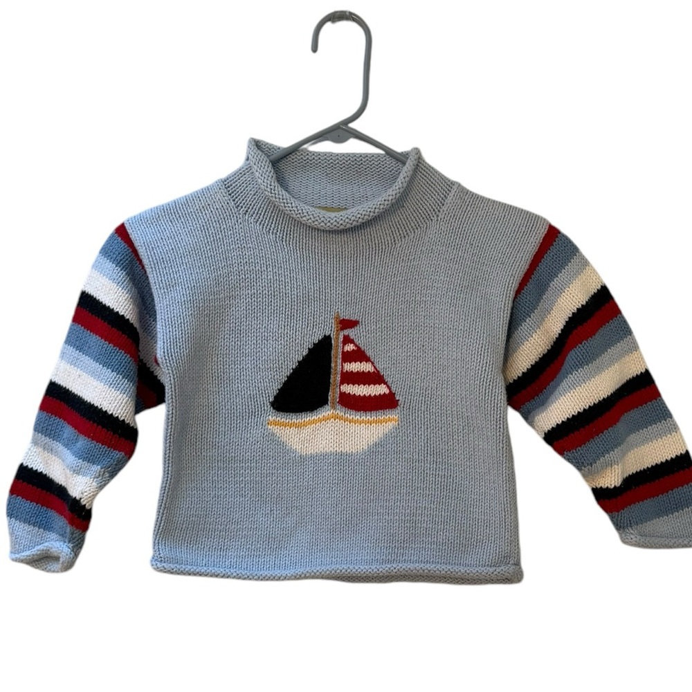 Claver Roll Neck Light Blue Striped Sailboat Sweater Cotton
Size: 4T